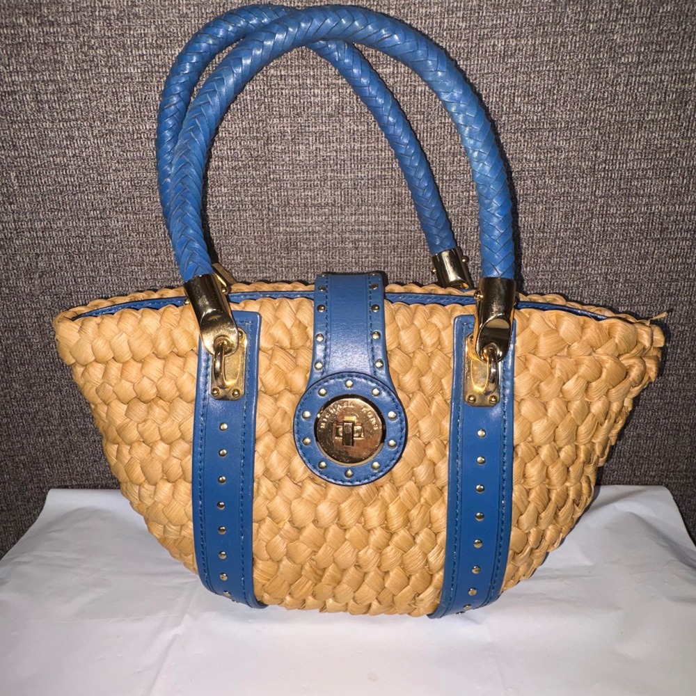 Michael Kors Straw Tote Bag Blue Leather Trim Braided Handles Gold Hardware